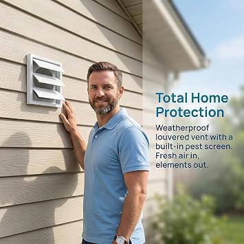 140mm x 140mm External Wall Air Vent Cover, White Gravity Grille with Flyscreen, Exhaust Vent for Extractor Fan & Tumble Dryer, Bathroom Kitchen Garage Attic Vent, Includes Screwdriver