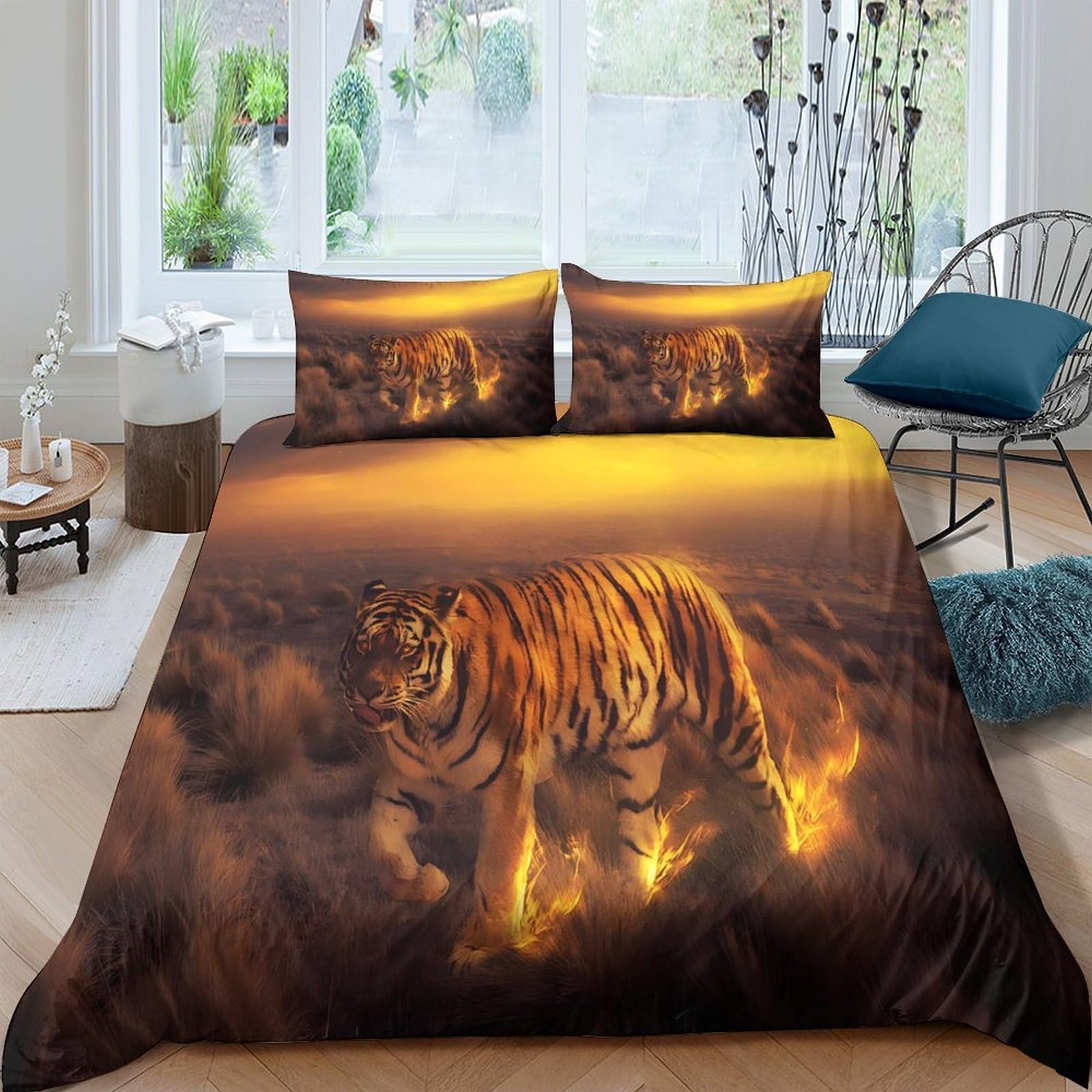 GPLZQXKJNH 3D Printed Tiger Fire Duvet Cover Set Microfiber Soft Breathable Forest Bedding Set with 2 Pillowcases for Bedroom Decor Single（135x200cm）