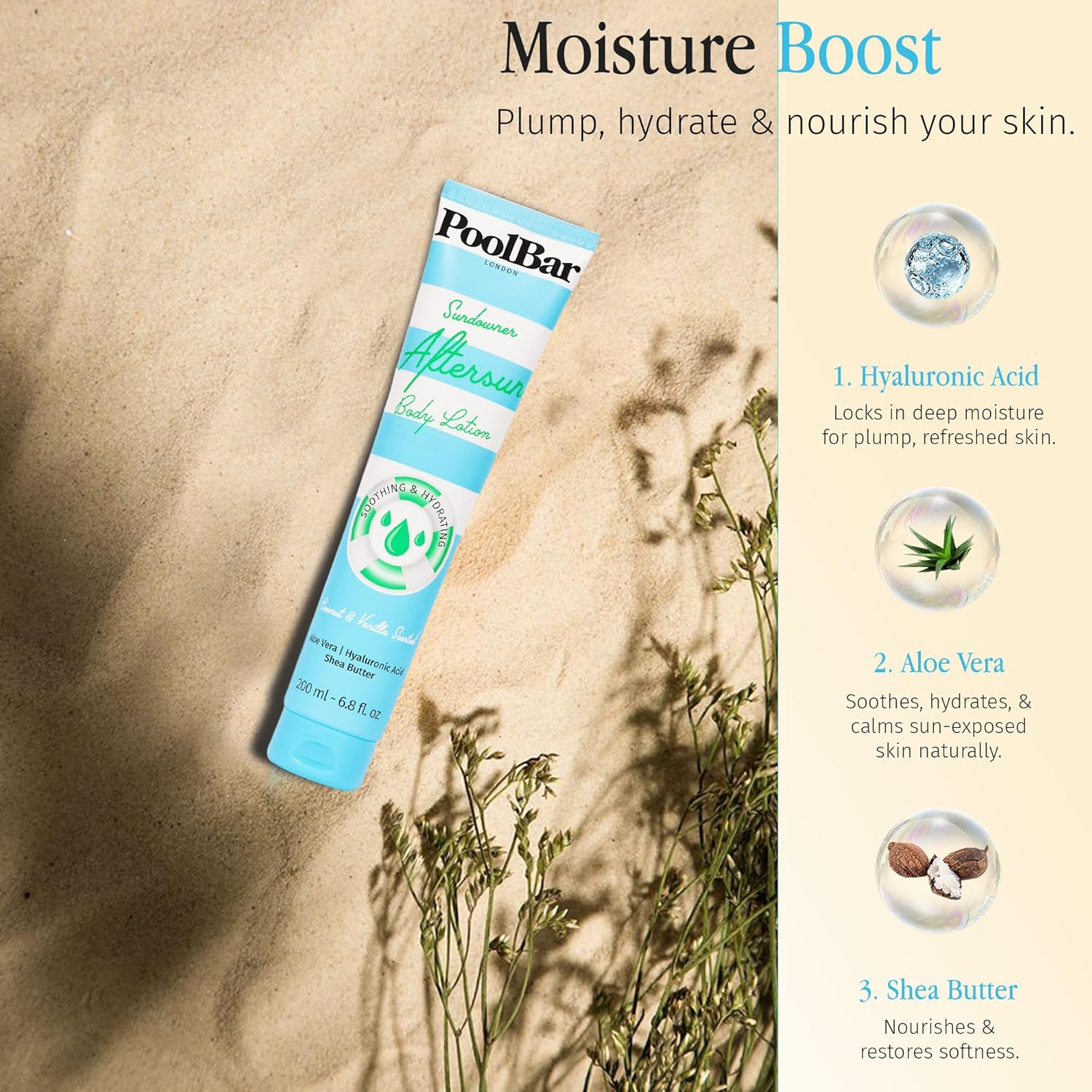 PoolBar Sundowner Aftersun Body Lotion for Women and Men Skin Care, Hydration and Soothing Relief Coconut & Vanilla Scent Sun Care, Enriched with Hyaluronic Acid, Shea Butter, and Aloe Vera, 200ml - Image 6