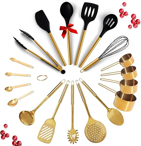 Juego de utensilios de cocina negros y dorados, juego de 19 piezas, incluye juego de utensilios de cocina dorados de acero inoxidable, utensilios de