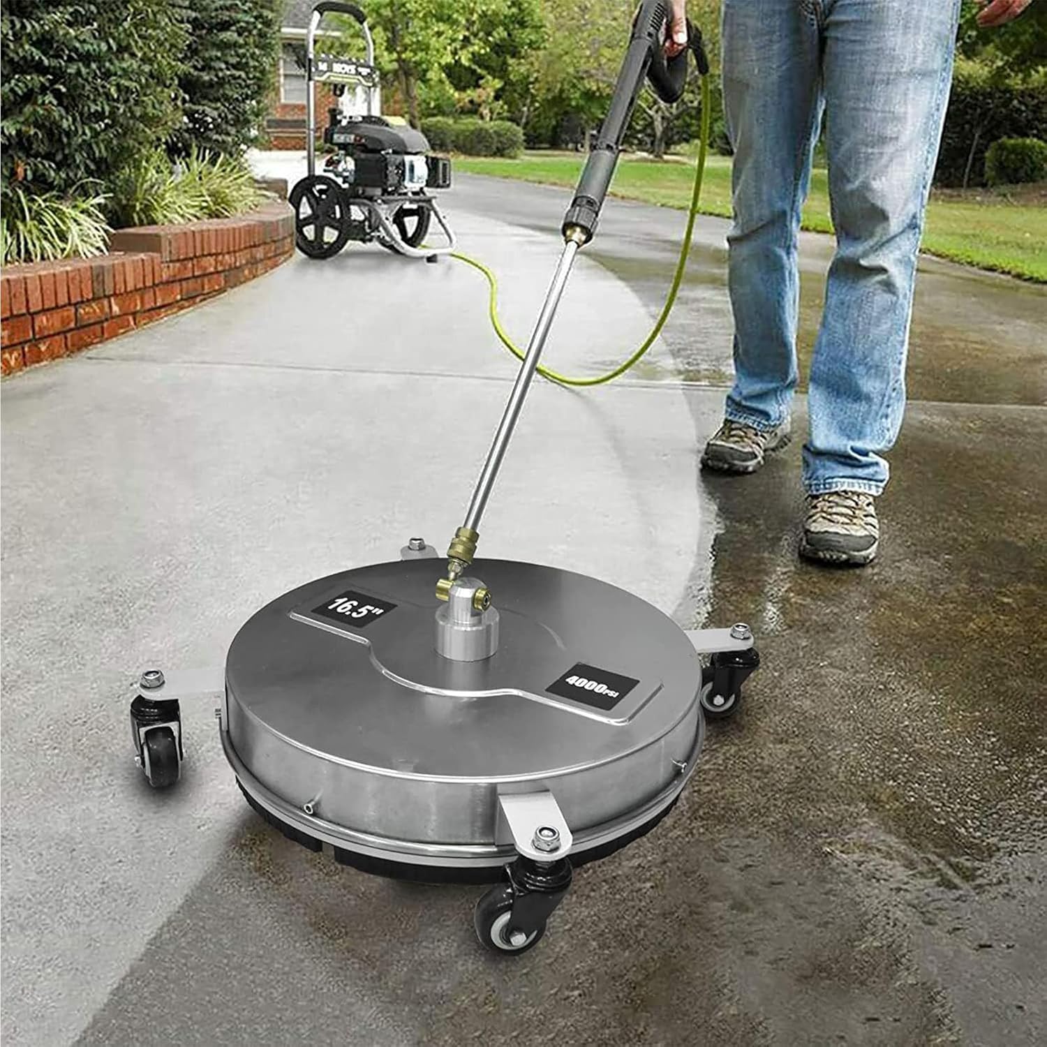 16.5''Pressure Washer Surface Cleaner, 4000 PSI Power Washer Surface Cleaner with 4 Wheels, Stainless Steel Housing Power Washer Accessories with 2 Replacement Nozzles for Concrete Driveway Cleaner