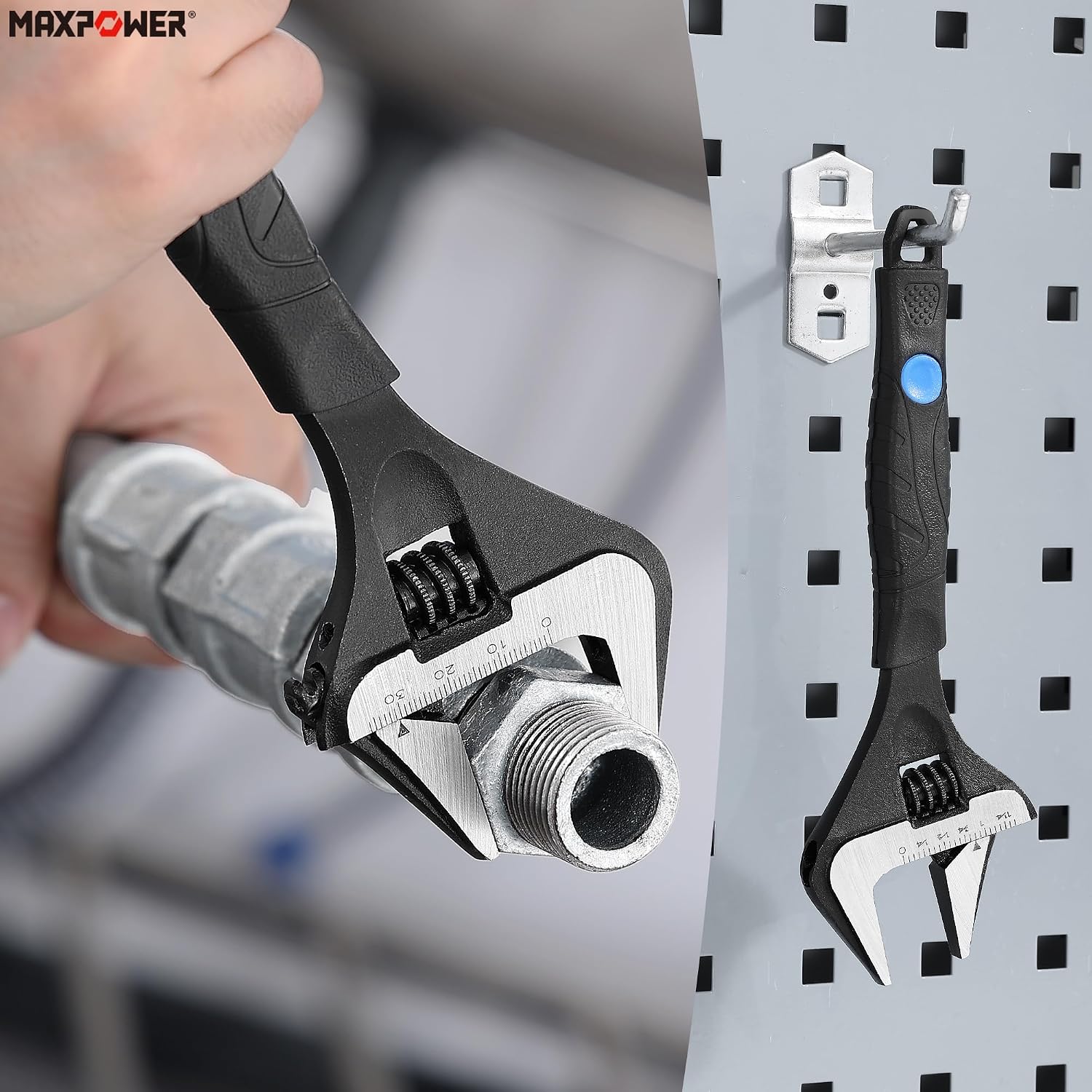 MAXPOWER 8-inch Wide Jaw Adjustable Wrench, 1.6" Jaw Opening, Soft Grips | Stubby Plumbing Wrench, Cr-V Steel, Smooth Jaws