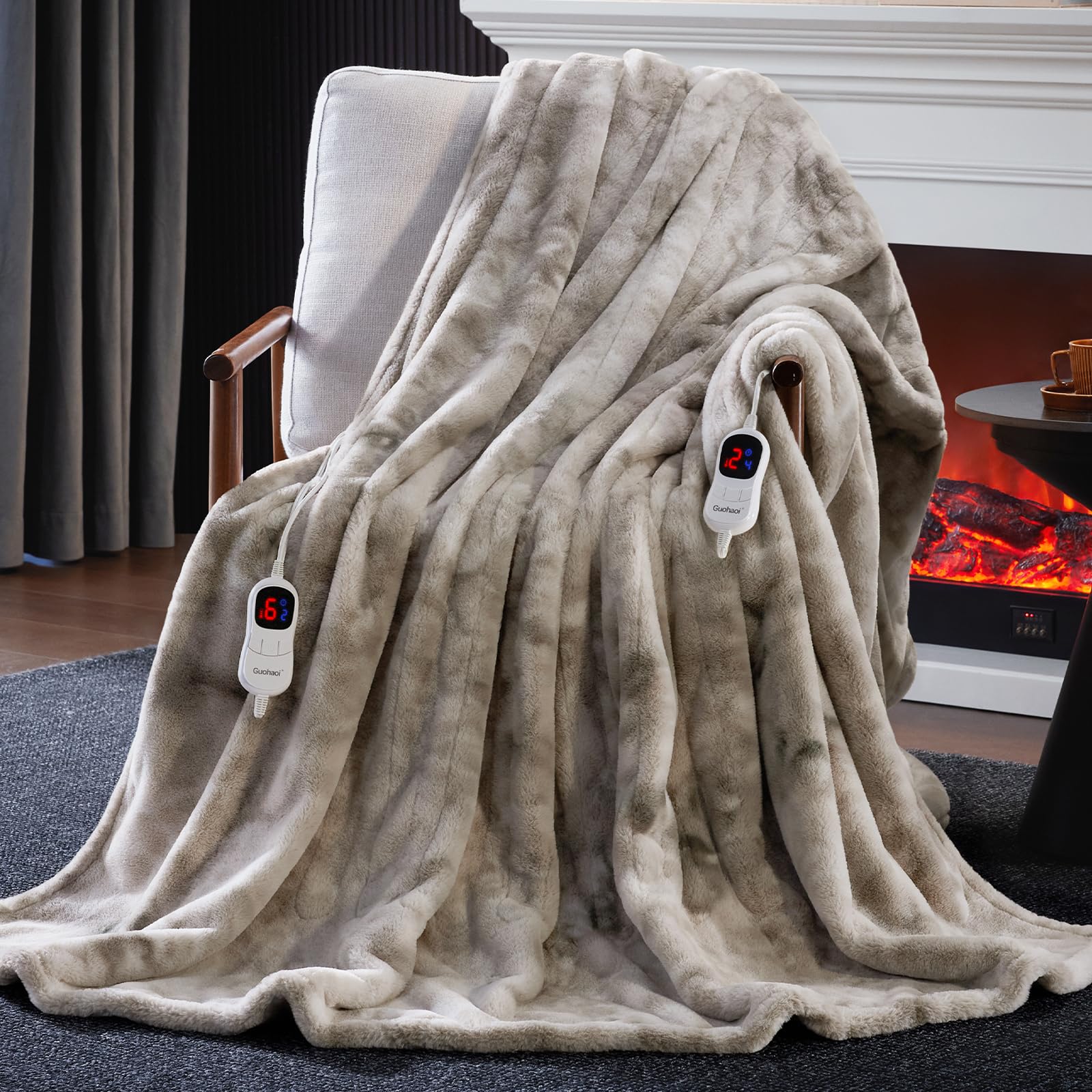 Guohaoi Heated Blanket Electric Throw, Soft Faux Rabbit Fur Electric Blanket with 10 Heating Levels 5 Sitting Timer Auto Off, Dual-Controller Heating Blankets, Machine Washable(84"×90" Light Grey)
