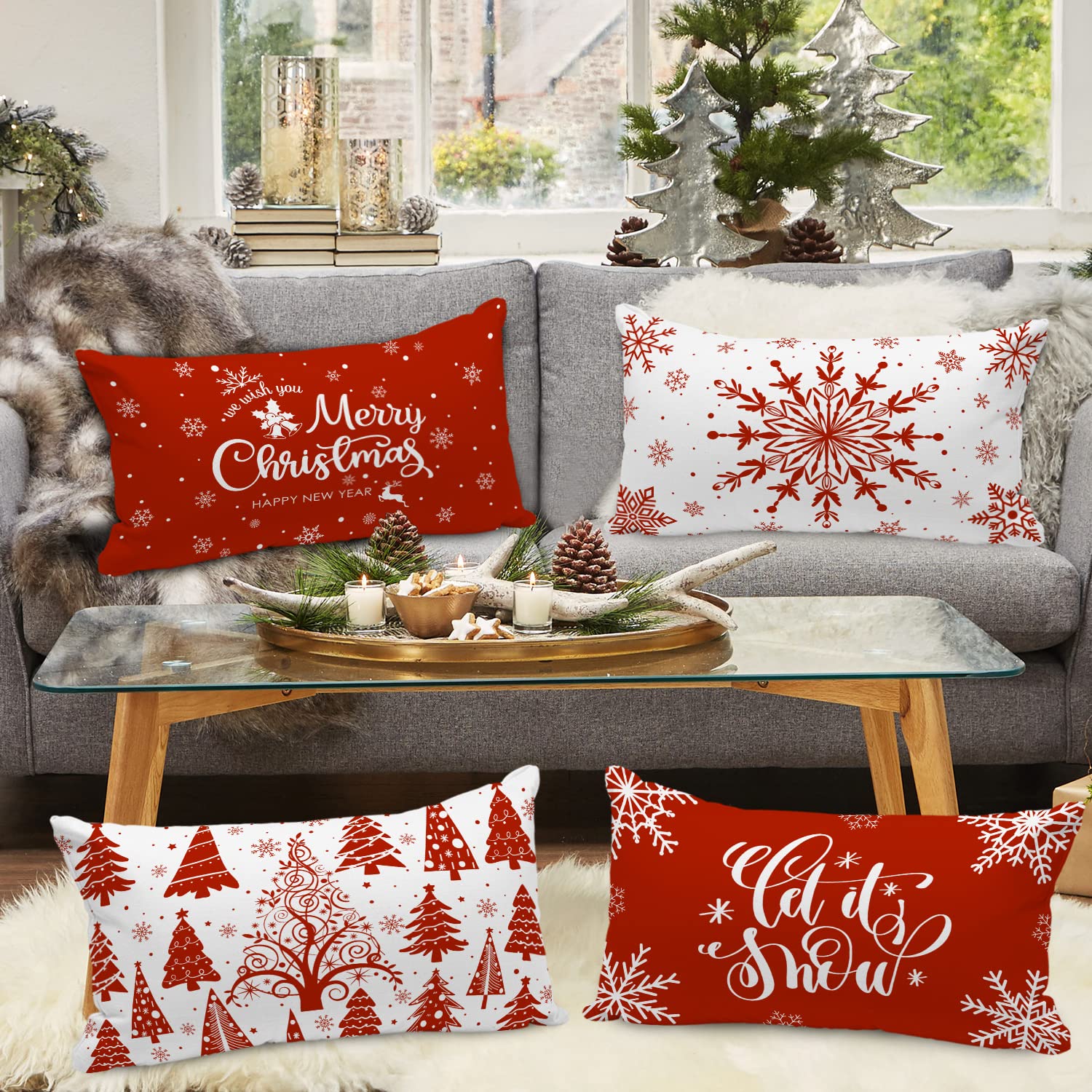 Housses De Coussin Noël - Lot De 4 - Bonhomme De Neige Poinsettia