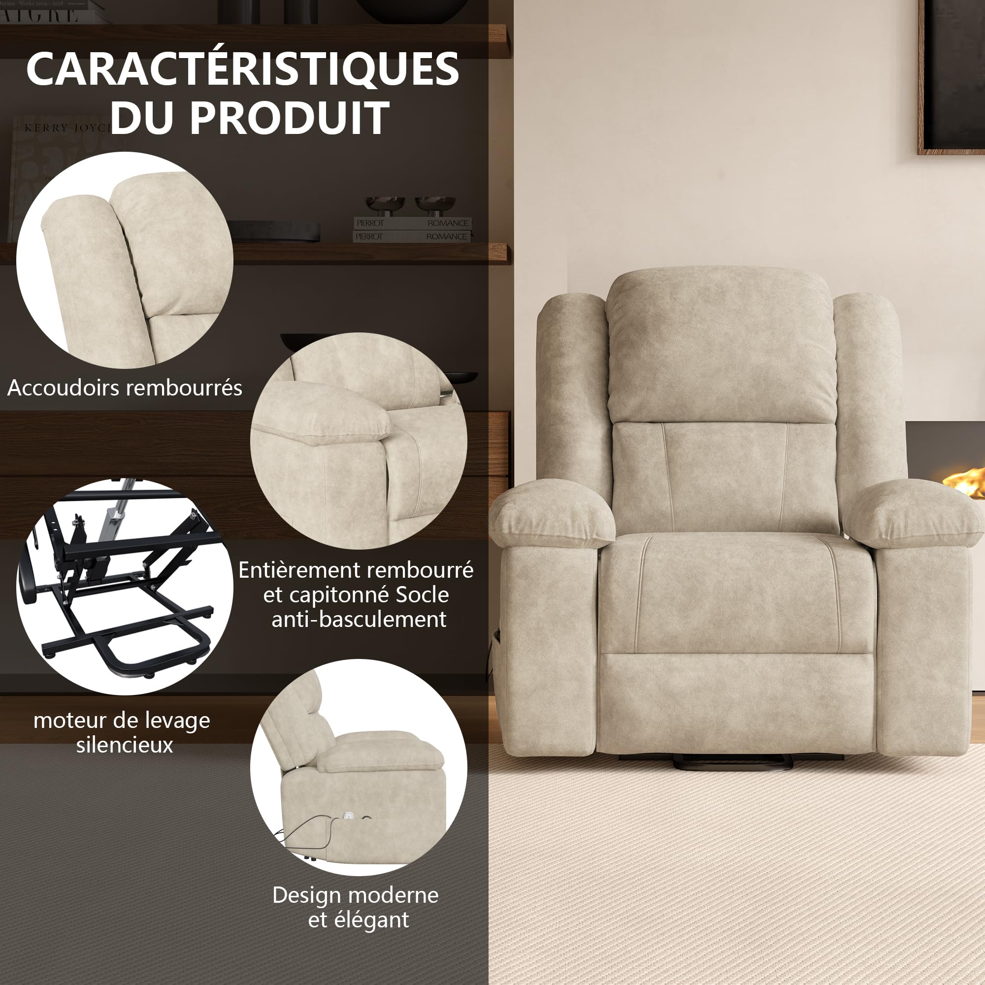 LIVLUX Fauteuil de Massage électrique, Fauteuil releveur électrique avec Fonction Massage et Chaleur, avec Poches latérales et Repose-Pieds Extensibles, canapé de Relaxation inclinable (Beige)