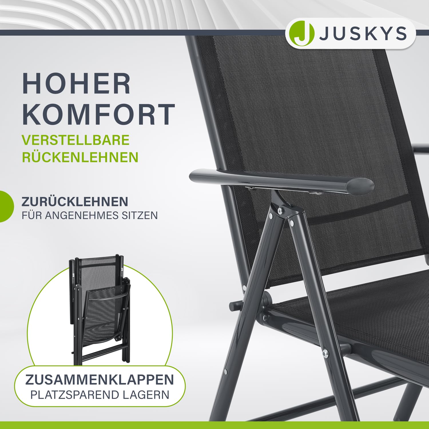 Juskys Gartengarnitur Milano 7-teilig – Gartenmöbel Set mit Tisch & 6 Hochlehner Stühlen, verstellbar & klappbar, wetterfeste Sitzgarnitur aus Aluminium – Grau