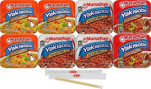Maruchan Yakisoba Variety, 4 de cada sabor (paquete de 8) fideos japoneses de una sola porción estilo casero con palillos By The Cup