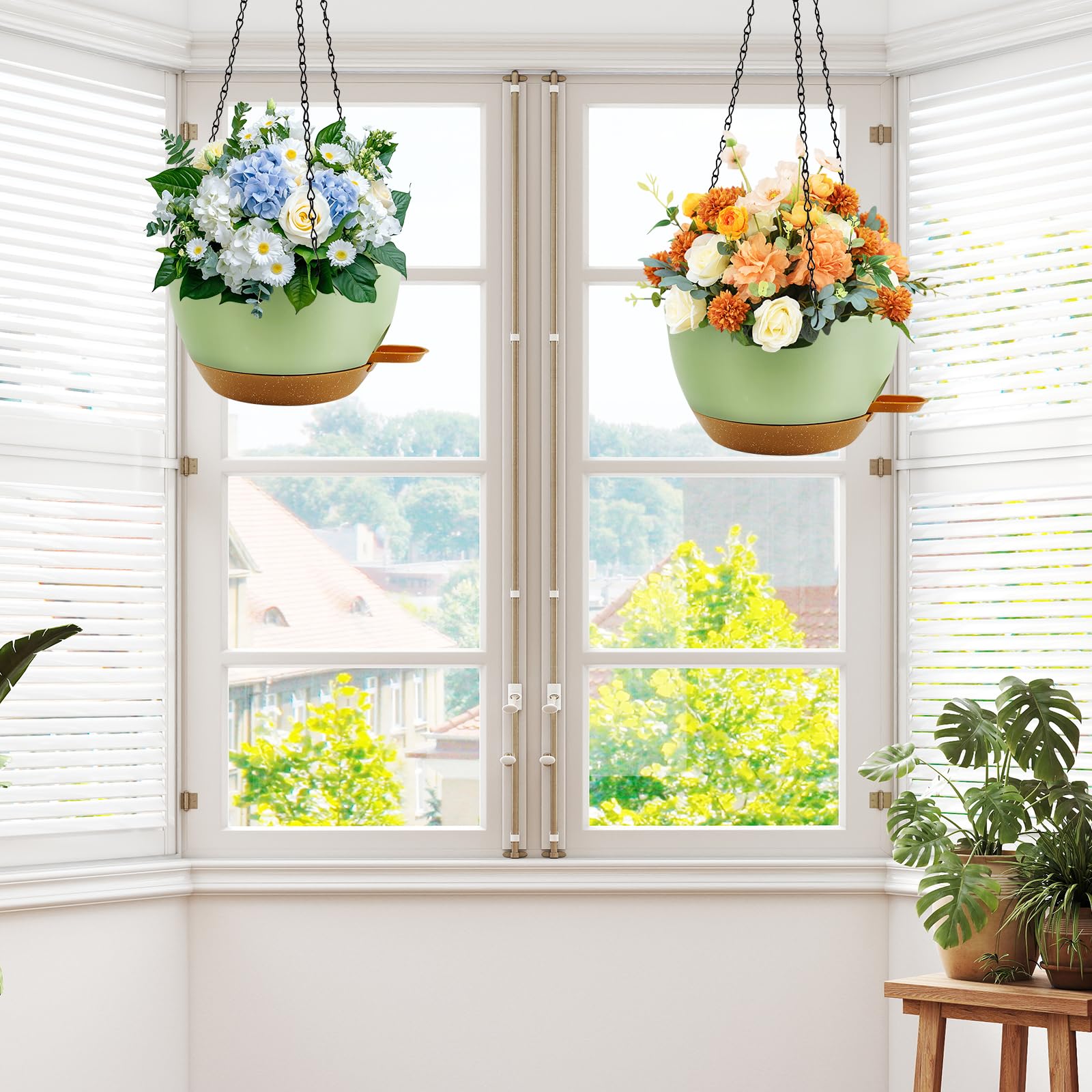 Lot de 2 pots de fleurs suspendus pour plantes d'intérieur, pots de fleurs à arrosage automatique avec chaîne et trous de drainage, paniers suspendus en plastique pour jardin et décoration d'intérieur