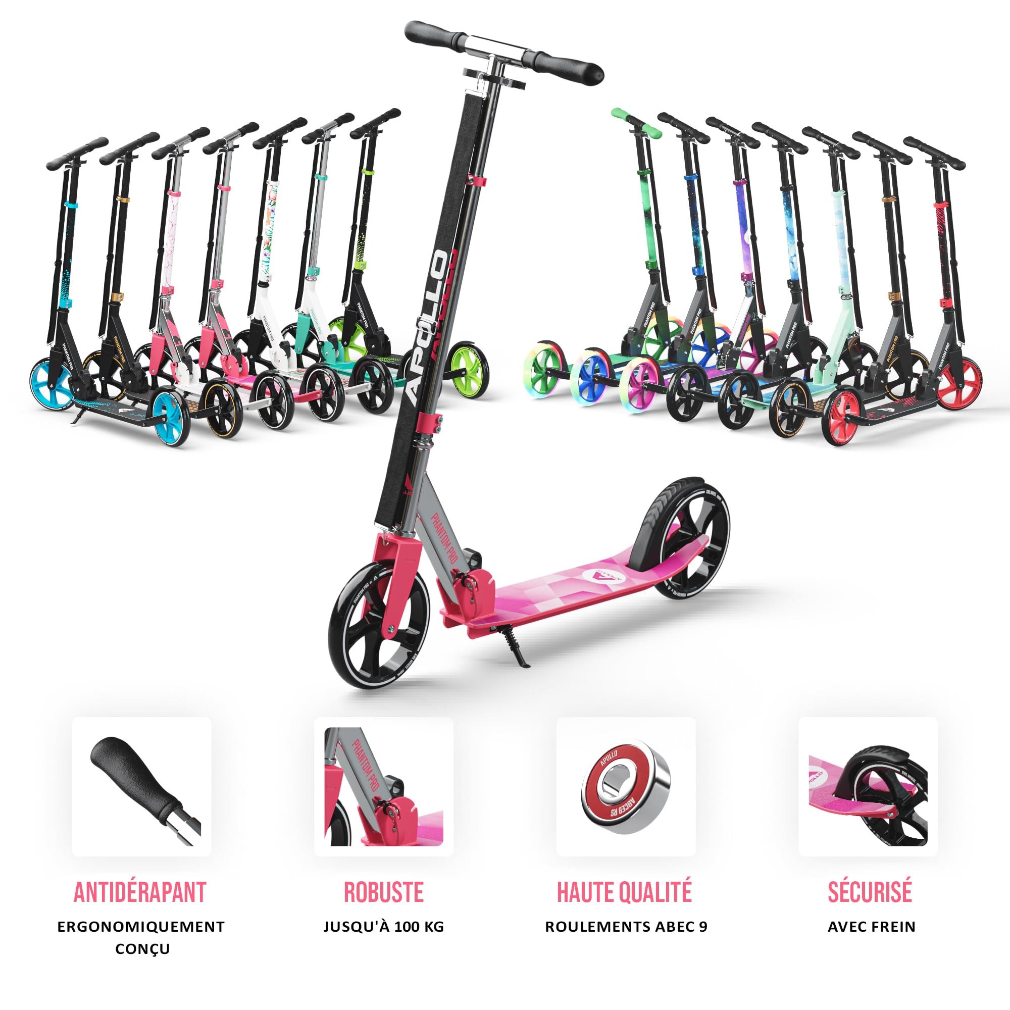 Apollo Trotinette aux Roues XXL - 200mm - Trotinette Freestyle de Ville Phantom Pro - City Scooter Pliable et à Hauteur Ajustable pour Adultes et Enfants