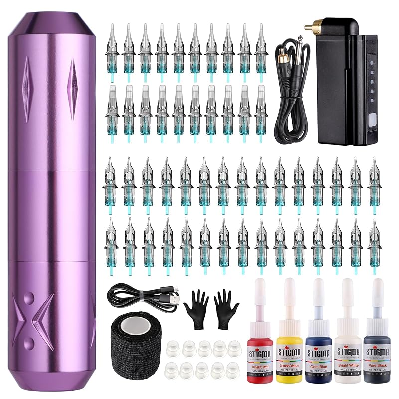 Kit para tatuagem sem fio STIGMA STP29KITP199-4 com máquina, 50 agulhas cartucho, bateria de 1500 mAh, conjunto de tintas com 5 cores e acessórios
