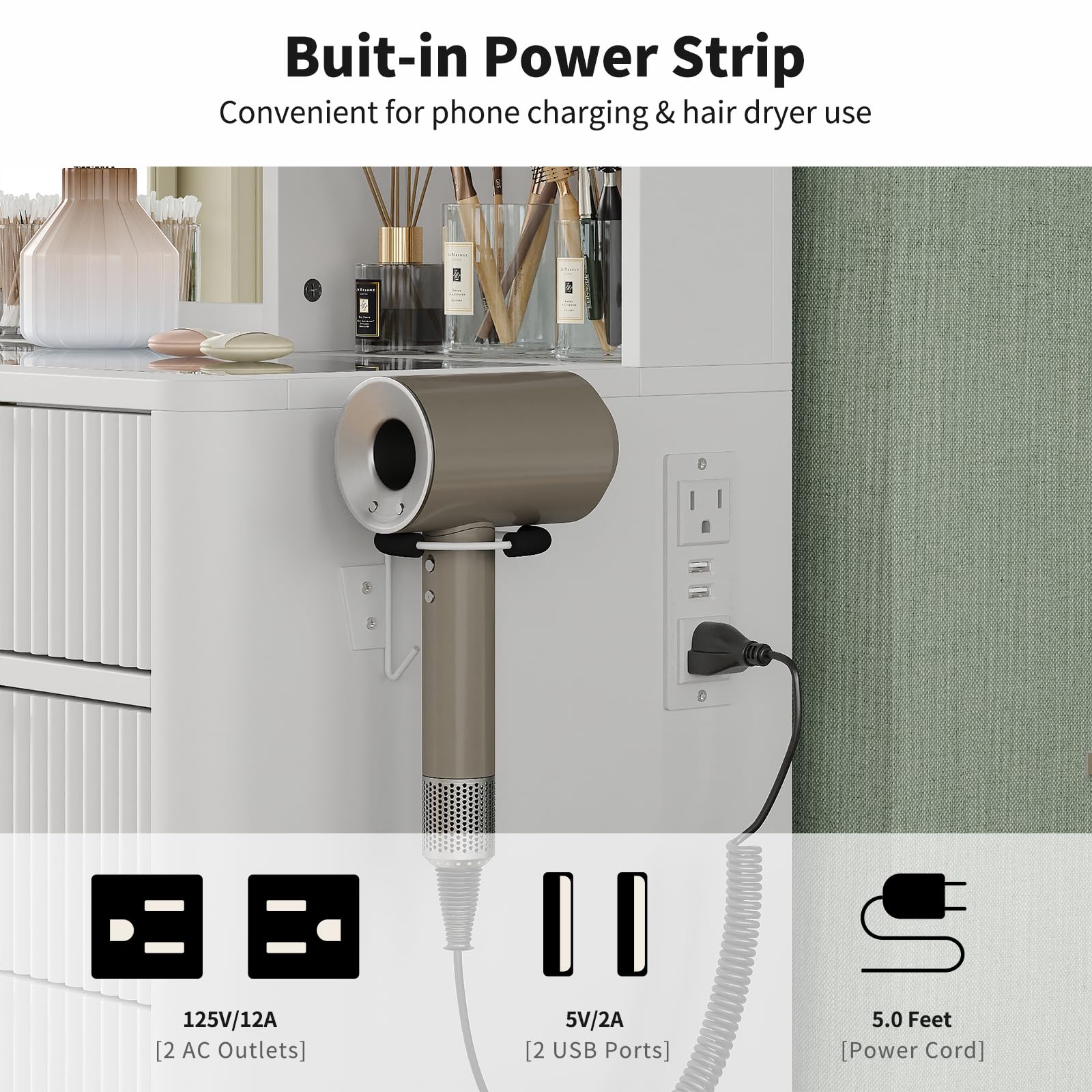 Yanosaku 47" Fluted Vanity Desk with Mirror & LED Lights, 7-Drawer Makeup Vanity with Glass Top & Cabinet, Vanity with Chair & Charging Station, 3 Lighting Modes, for Bedroom, Natural Oak