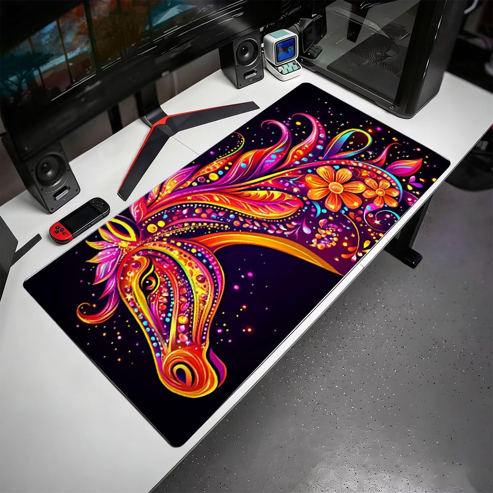 Tappetino Mouse XXL, 70x140cmx3mm Mouse Pad Impermeabile Grand, Gaming Tappetino Per Mouse, Base Antiscivolo in Gomma, Accessori Scrivania, Ufficio Accessori, Cavallo Nero JX6B-266