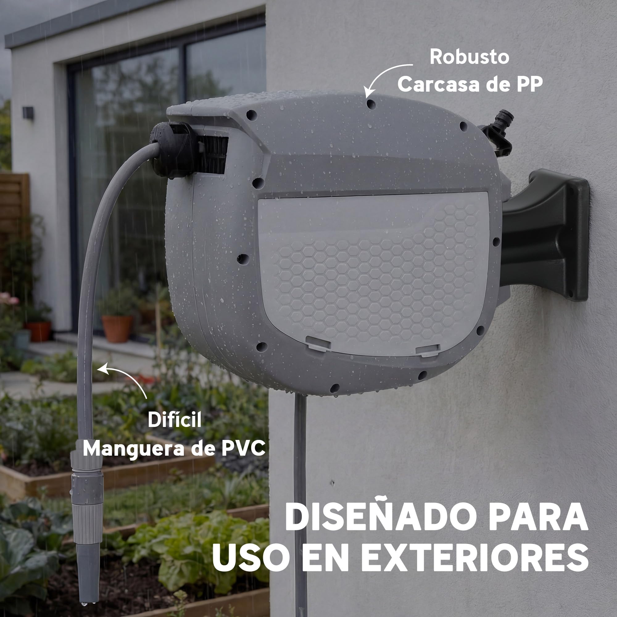 Outsunny Enrollador de Manguera para Jardín 10+1 m con Boquilla de 2 Modos, Carrete de Manguera de Jardín de Pared con Bloqueo Automático y Retracción Controlada, Soporte Orientable 180°, Gris