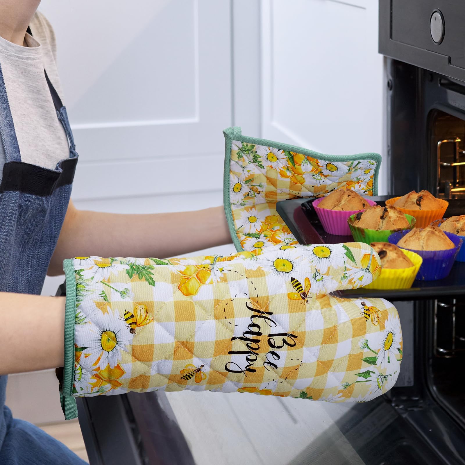 Gants De Four & Maniques Lot De 2, 100% Coton Maniques Cuisine Gant Four Anti Chaleur Extra-Longue pour Barbecue, Cuisine, Griller, Micro-Ondes(Marguerite Abeille)
