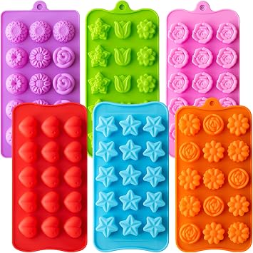 WARM TIME 6-Pack Flower Silicone Chocolate Candy Molds, Food-Grade Non-Stick BPA-Free Baking Molds for Chocolate, Candy, Butter, Ice Cubes, Soap & Wax Melts
