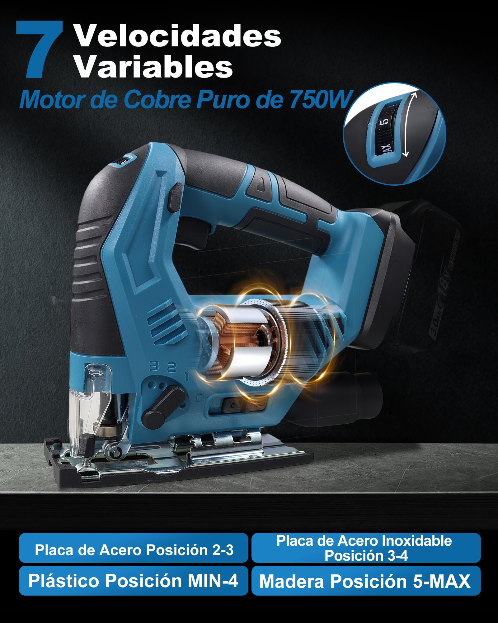 Sierra de calar inalámbrica compatible con Makita, para Einhell, para baterías Bosch, 7 niveles de control de velocidad variable, sierra de calar inalámbrica con hoja de sierra para madera, PVC
