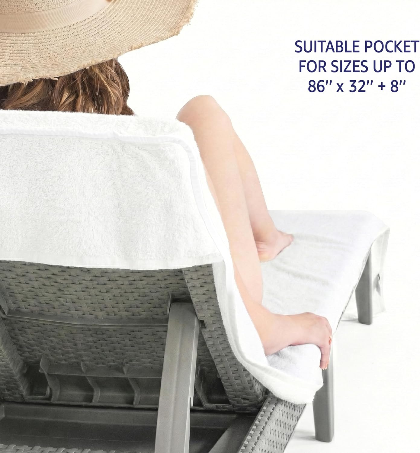 American Soft Linen 2 PACKED Chaise Lounge Covers with Pocket, 86"x32" Oversized Beach Pool Lounge Chair Towels (White Chair Towel, 2 PIECE)