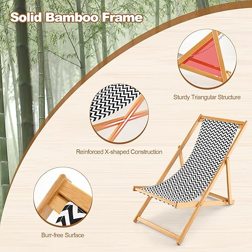 Miniatura 6 de Giantex Silla de camping plegable para patio  Silla de exterior con 3 posiciones ajustables, lona transpirable, silla de bambú para exterior,