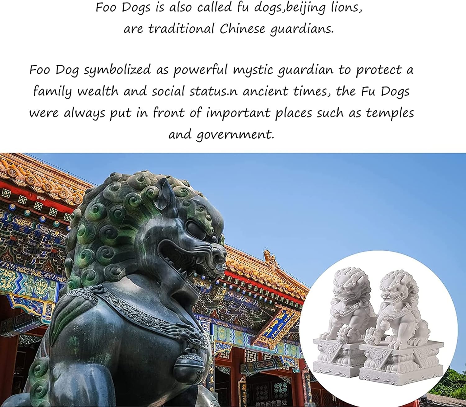 Chinese Foo Dogs Statues Pair,Asian Feng Shui Guardian Lions Home Outdoor Decor Garden Statue,White,10CM/3.9IN