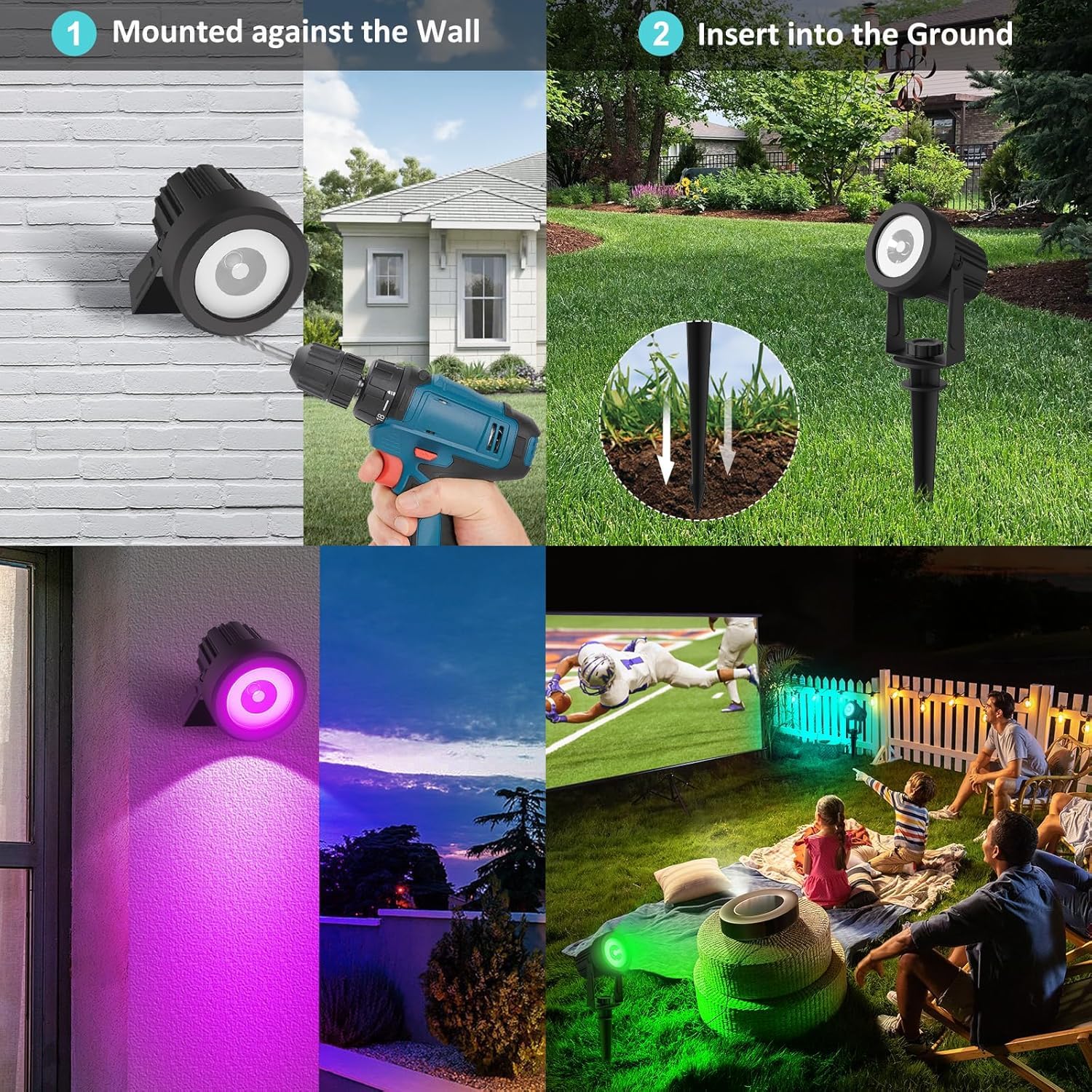 Lámpara LED Exterior Solare RGB, T-SUNUS Focos Solar Jardin Exterior con 6 Color Cambiantes, Impermeable IP65, Luz Solar Multicolor para Arboles Senderos Patio Paredes, 4 Piezas