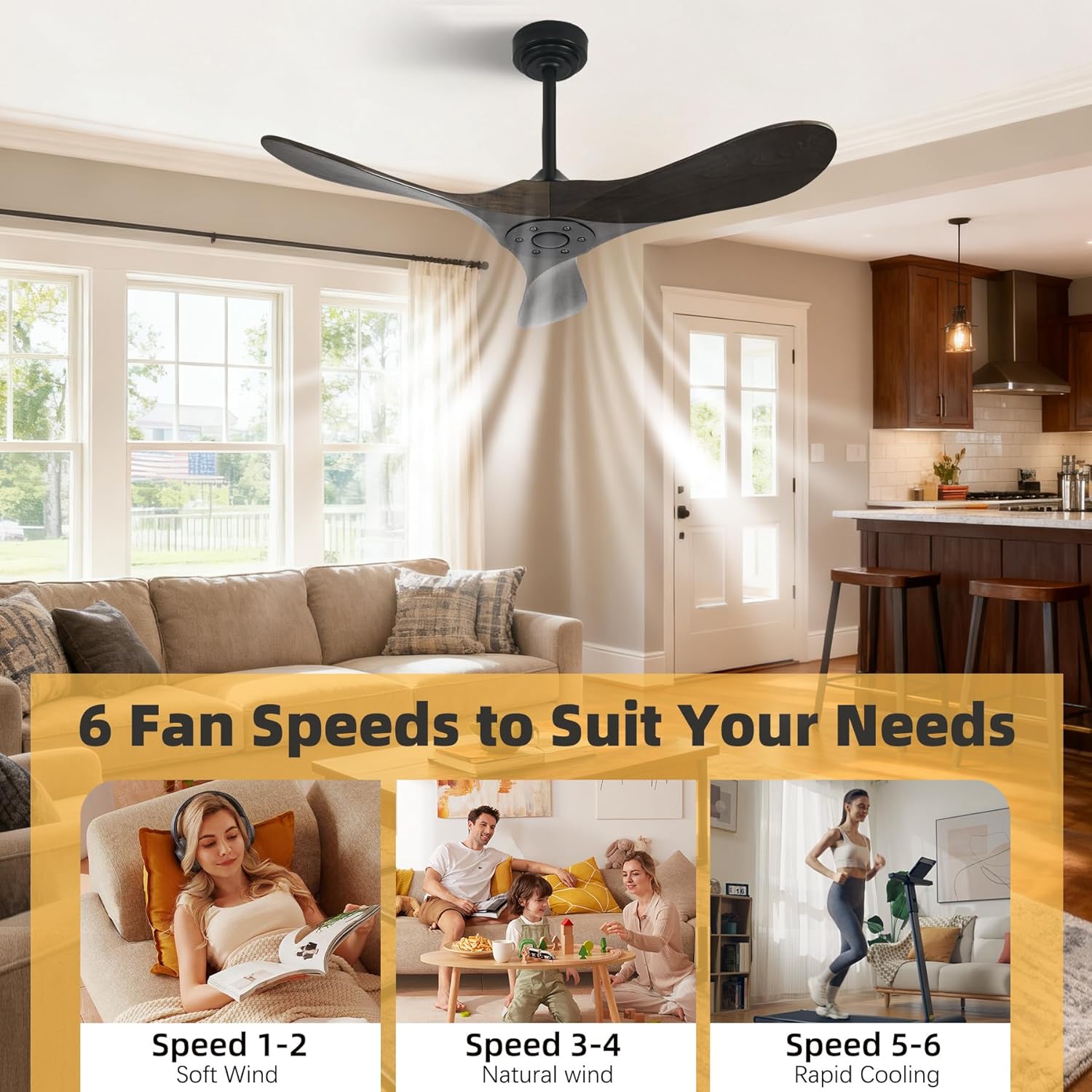 Outdoor Ceiling Fan Without Light, 42Inch Smart Ceiling Fan with Remote & Voice Control for Alexa/Google, 3-Blade Wood Fan, Quiet DC Motor, 6 Speeds for Patio, Porch, Farmhouse, Dark Brown