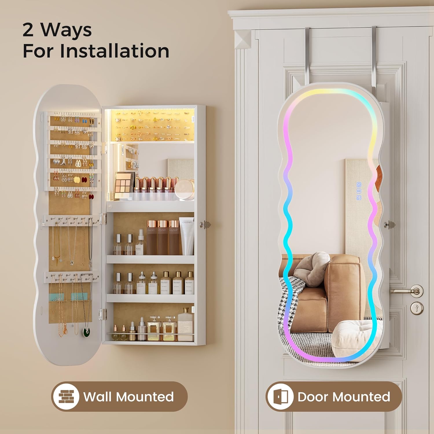 Lvifur RGB Lighted Mirror Jewelry Cabinet,LED Wavy Wide Mirror with Storage, Wall or Door Mounted Jewelry Organizer with Interior Mirror,Lockable Jewelry armoire,Gift Ideal