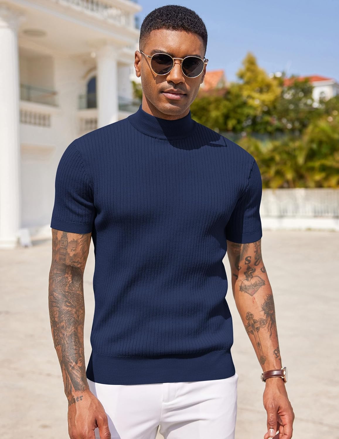 COOFANDY Men's Mock Turtleneck Sweater Short Sleeve Casual Basic Tops Ribbed Knit Pullover Solid Tee - Image 3