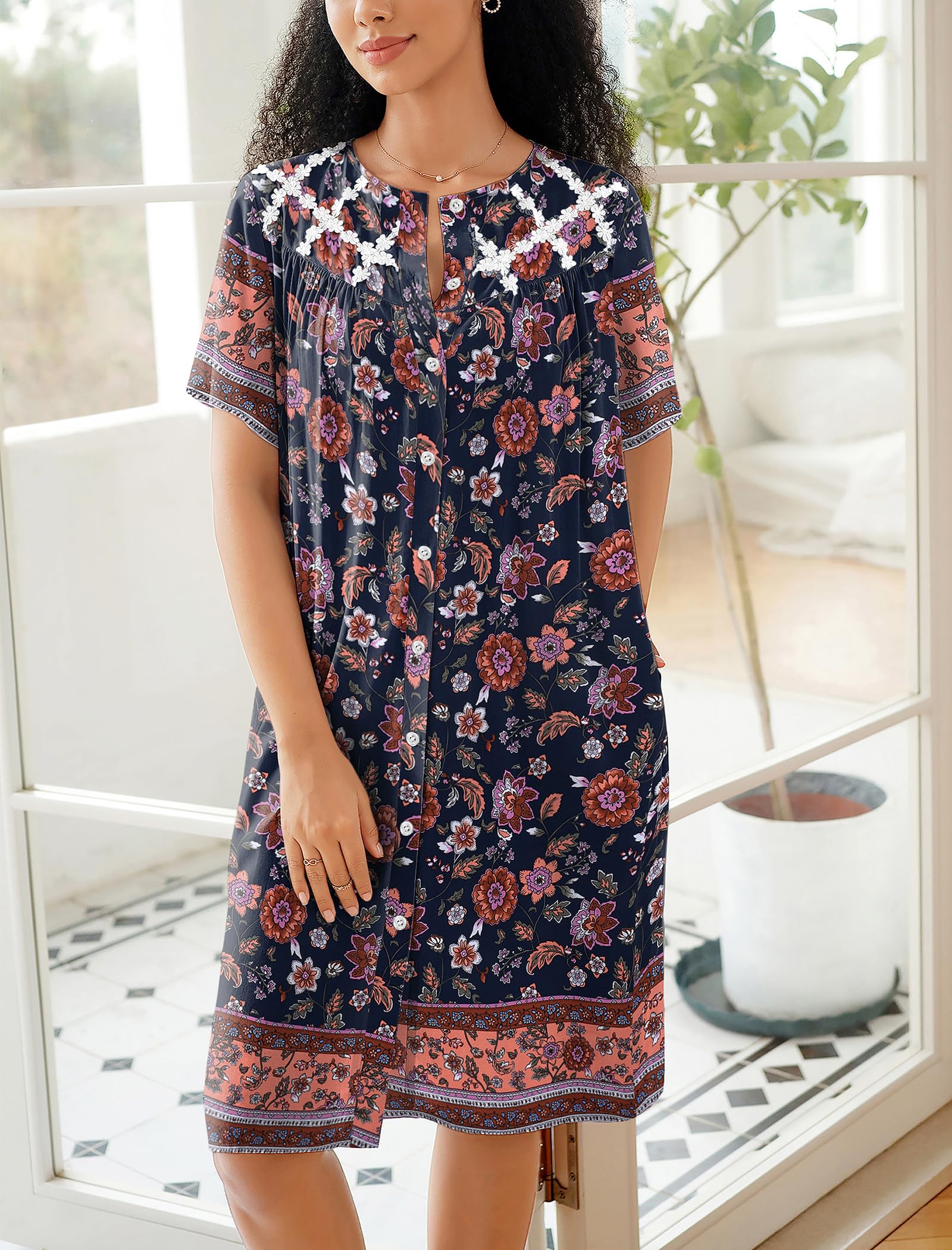 Ekouaer Camisón de manga corta con botones para mujer, vestido de casa, abrigo corto suelto con bolsillos, S-4XL, pat4, S