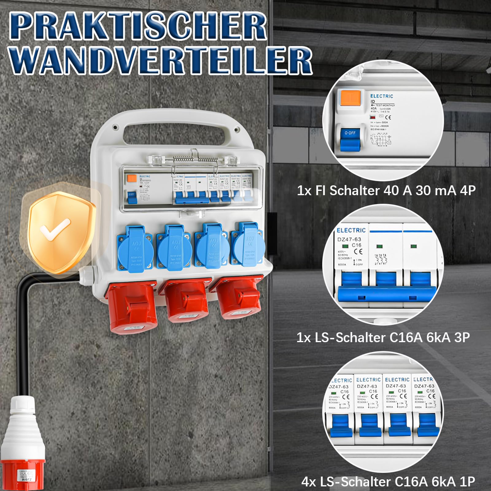 Warmfay Wandverteiler Vorverkabelt Stromverteiler, 4x 230V Schuko Steckdosen + 2x CEE 16A + 1x CEE 32A, Baustromverteiler mit FI-Schalter und LS Schalter, IP67 Wasserdicht Gehäuse für Innen und Außen