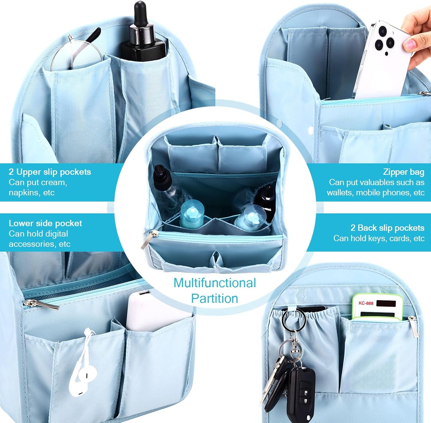 Sweetude 2 Pcs 7.9 x 4.8 x 11 Inch Mini Backpack Organizer Insert Small Shoulder Bag Divider for Rucksack Handbag Shoulder Bag Purse(Black, Light Blue) - Image 4