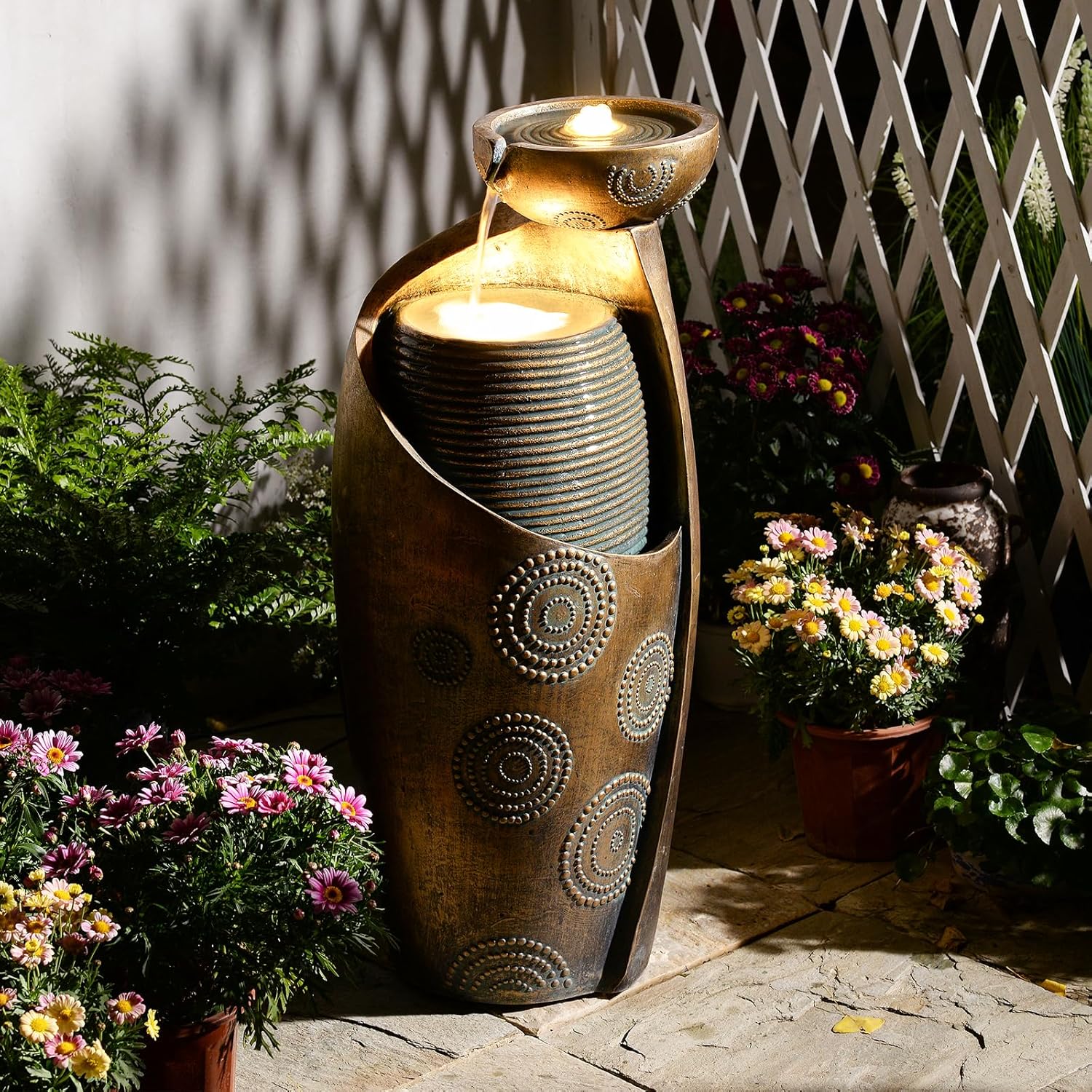 Tankana 32" Goldish-Bronze Jar Water Fountain with LED Lights & Pump - Indoor/Outdoor Floor Standing for Patio Garden Home Decor