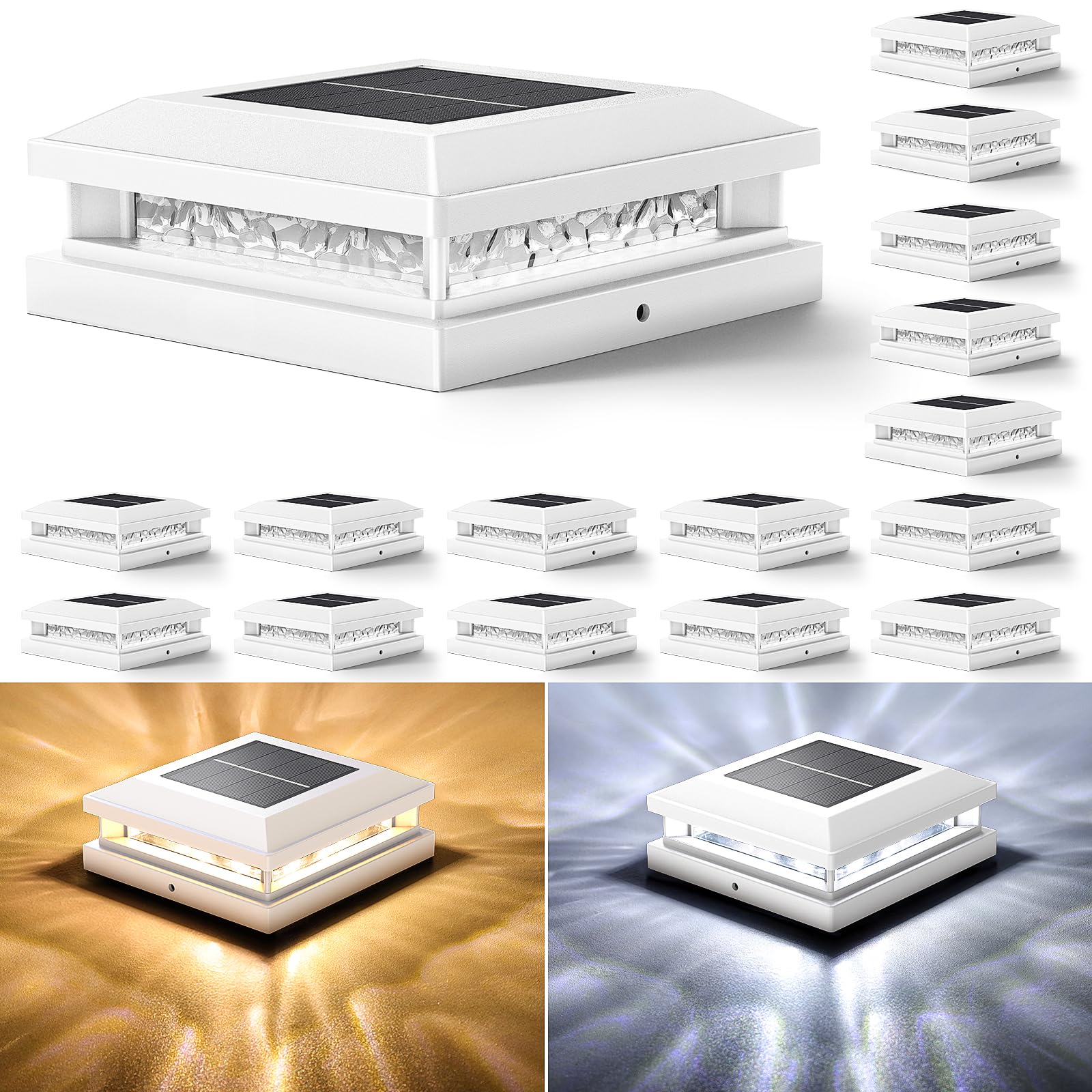 Bosceos Luci solari per esterni, confezione da 16 pezzi, 2 modalità di illuminazione, 16 LED, luci solari per pali in vinile da 4 x 4, 4,5 x 4,5, 5 x 5, 5 x 5, impermeabile, luce per recinzione, ad