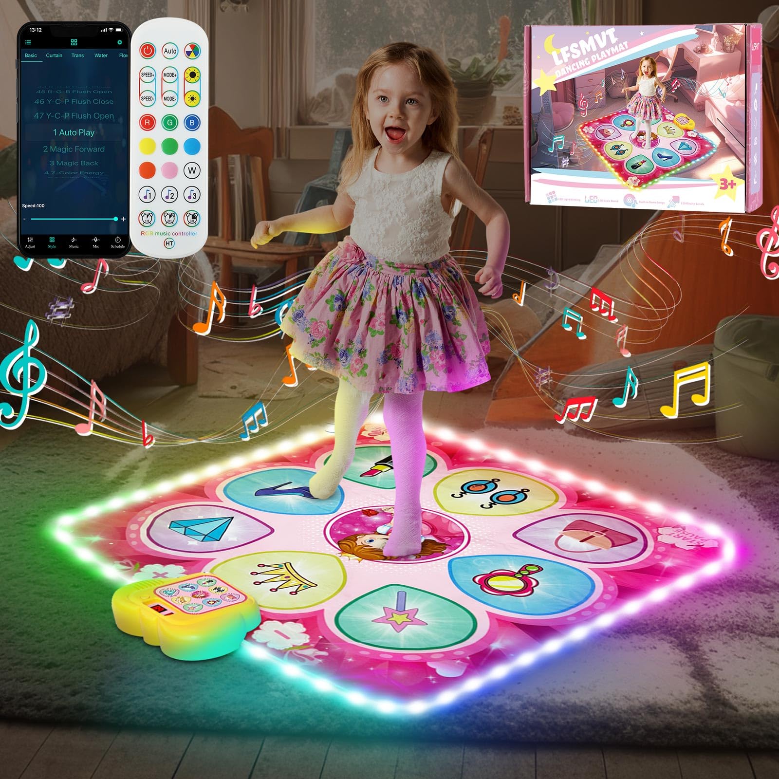 LFSMVT LED Dance Mat, Dance Game Toy Gift with Built-in Lights, APP, 5 Game Modes & Music, Light up Kids Touch Sensitive Dance Pad Music Playmat, Christmas & Birthday Gift for Kids Girls Age 3-12