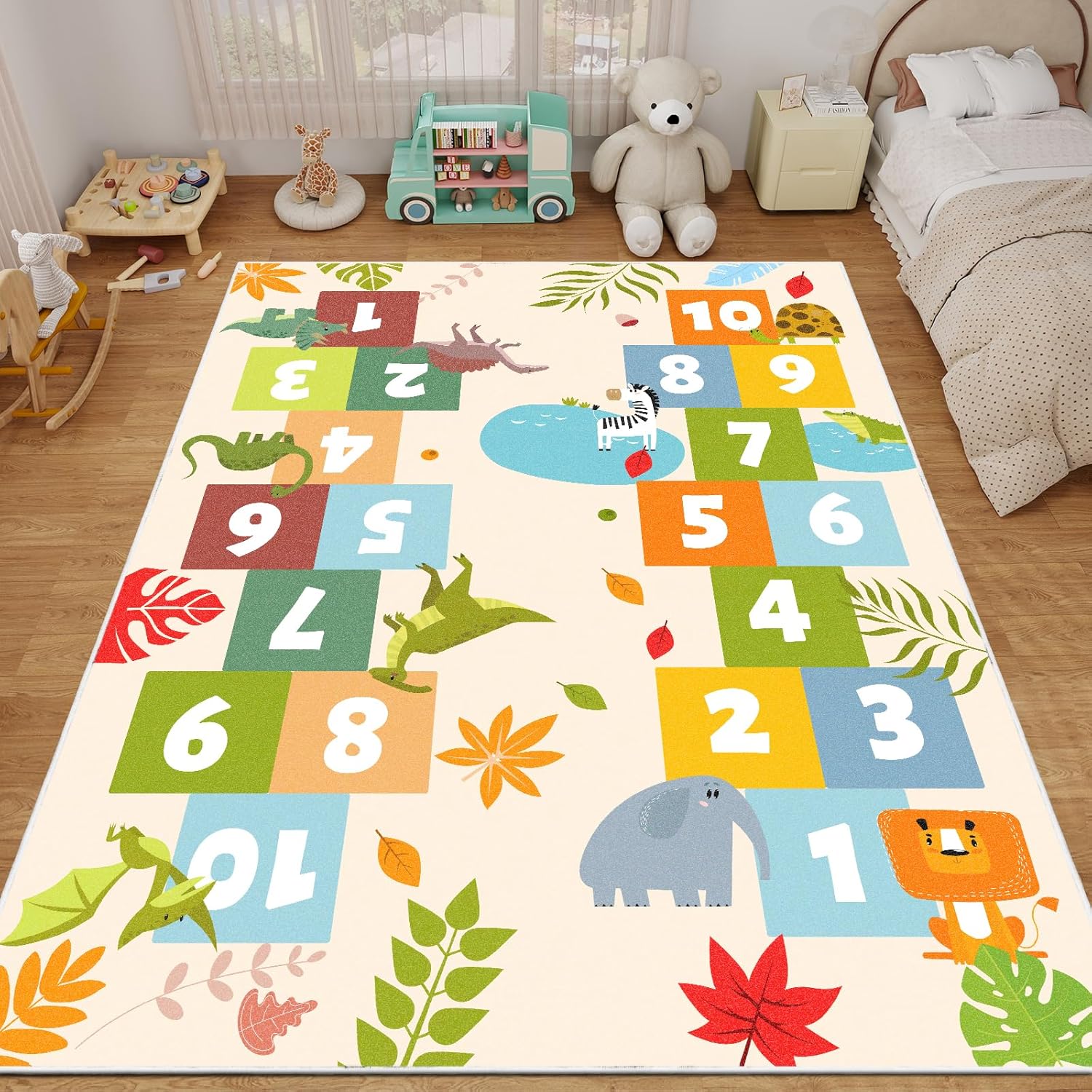 Animals and Dinosaurs hopscotch Rug,70.8X47.2 INCH hopscotch Kids Rugs for playroom,hop Scotch Inside Rug for Kids,Soft hopscotch mat Kids Room Rug for Bedroom Playroom Nursery,Yellow