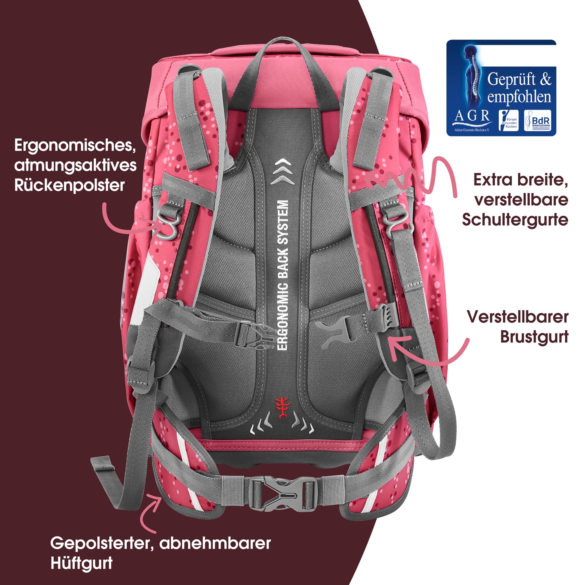 Step by Step Basis Schulranzen-Set „Pink Bubbles“, 4-teilig, rosa, ergonomischer Tornister mit Reflektoren, Hüft- und Brustgurt, für Kinder ab der 1. Klasse, 20 Liter
