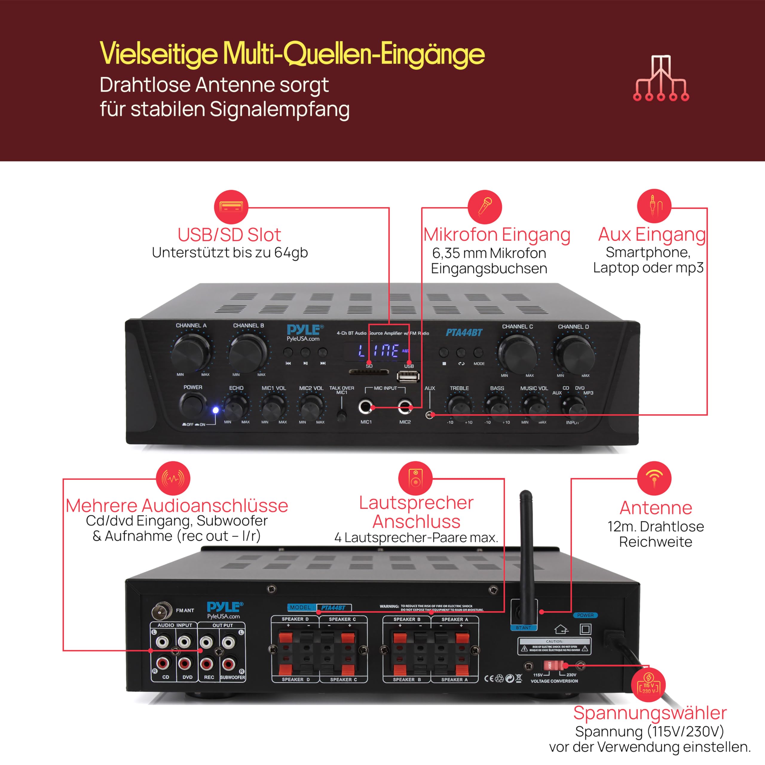 Pyle 500W- Bluetooth Verstärker, Mini Verstärker, Amplifier, Stereo Receiver- 4 Kanal AUX, FM- Radio, RCA- Subwoofer, USB, Mic- Eingang mit Echo, Audio Verstärker- Perfekt für Heimkino & Studio