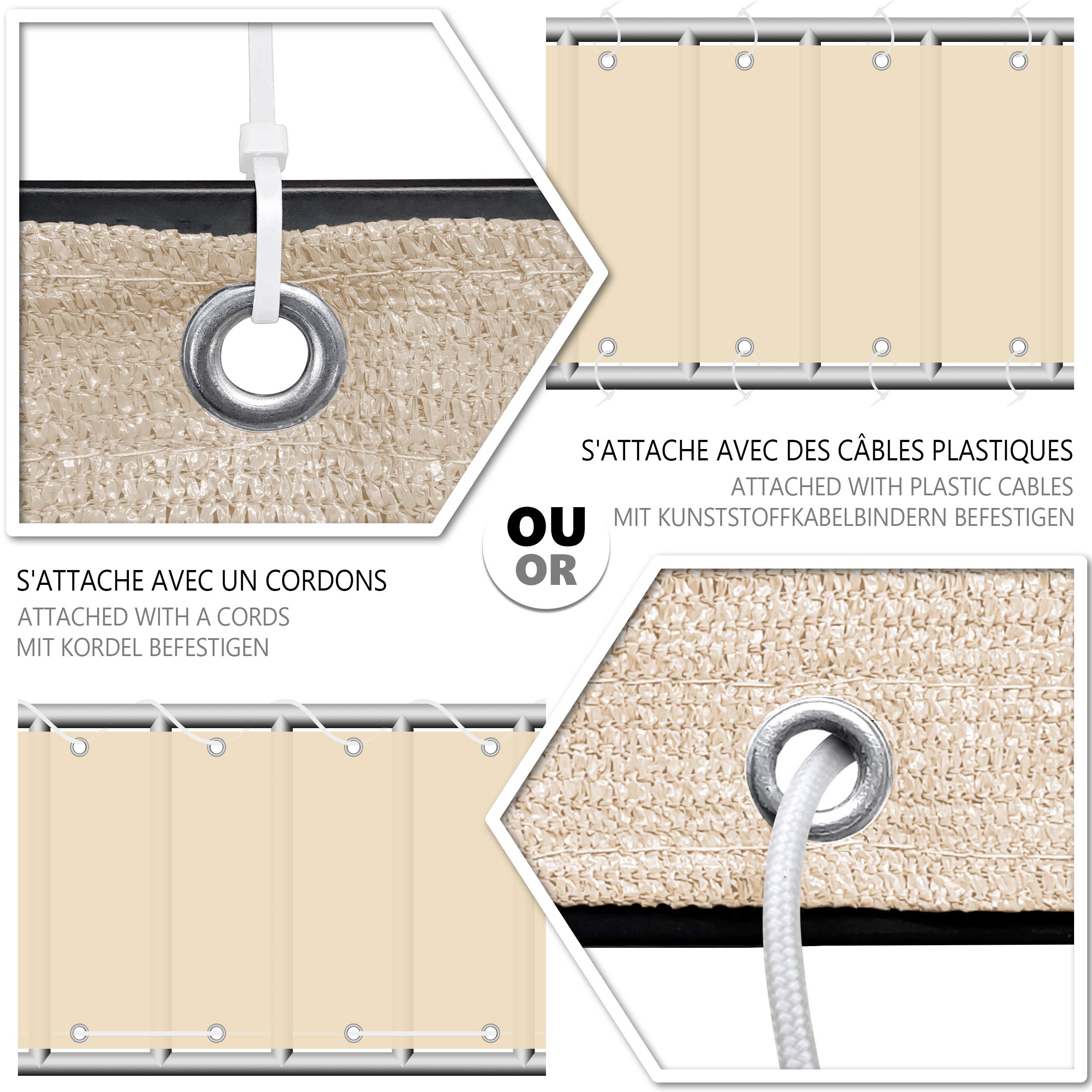 vounot® Brise Vue pour Balcon 100% HDPE 230g/m2 Protection UV Résistant aux Déchirures et au Vent Protection Contre Les Regards avec Attaches de Câble et Cordons 600x90cm Beige