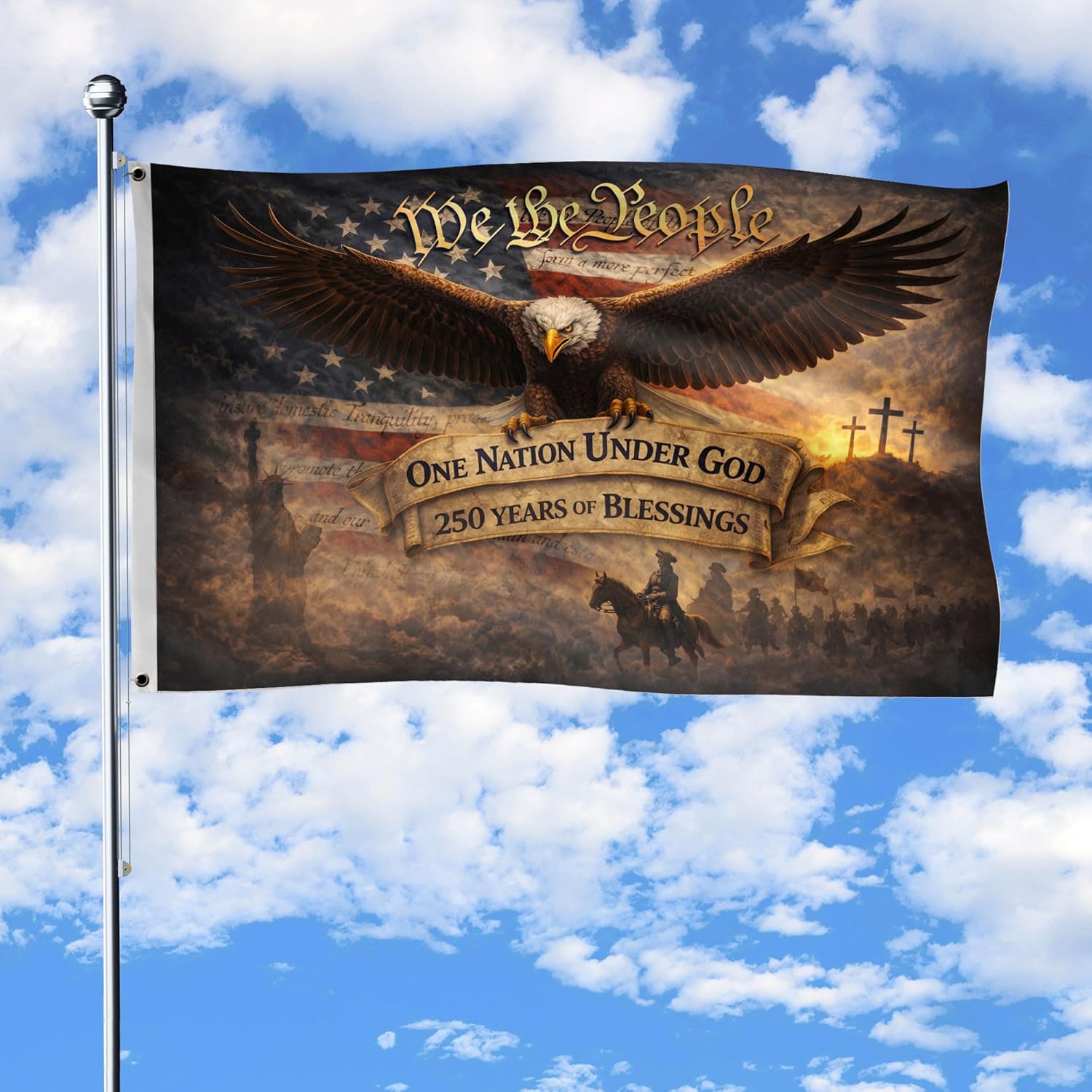 One Nation Under God Flag With Brass Grommets, Patriotic Cross Design Decor House, Double-sided Printing, 1776-2026 Commemorative Banner, Christian Patriot American Flags, 250 Years Of Blessings Flag 3x5 Ft 1