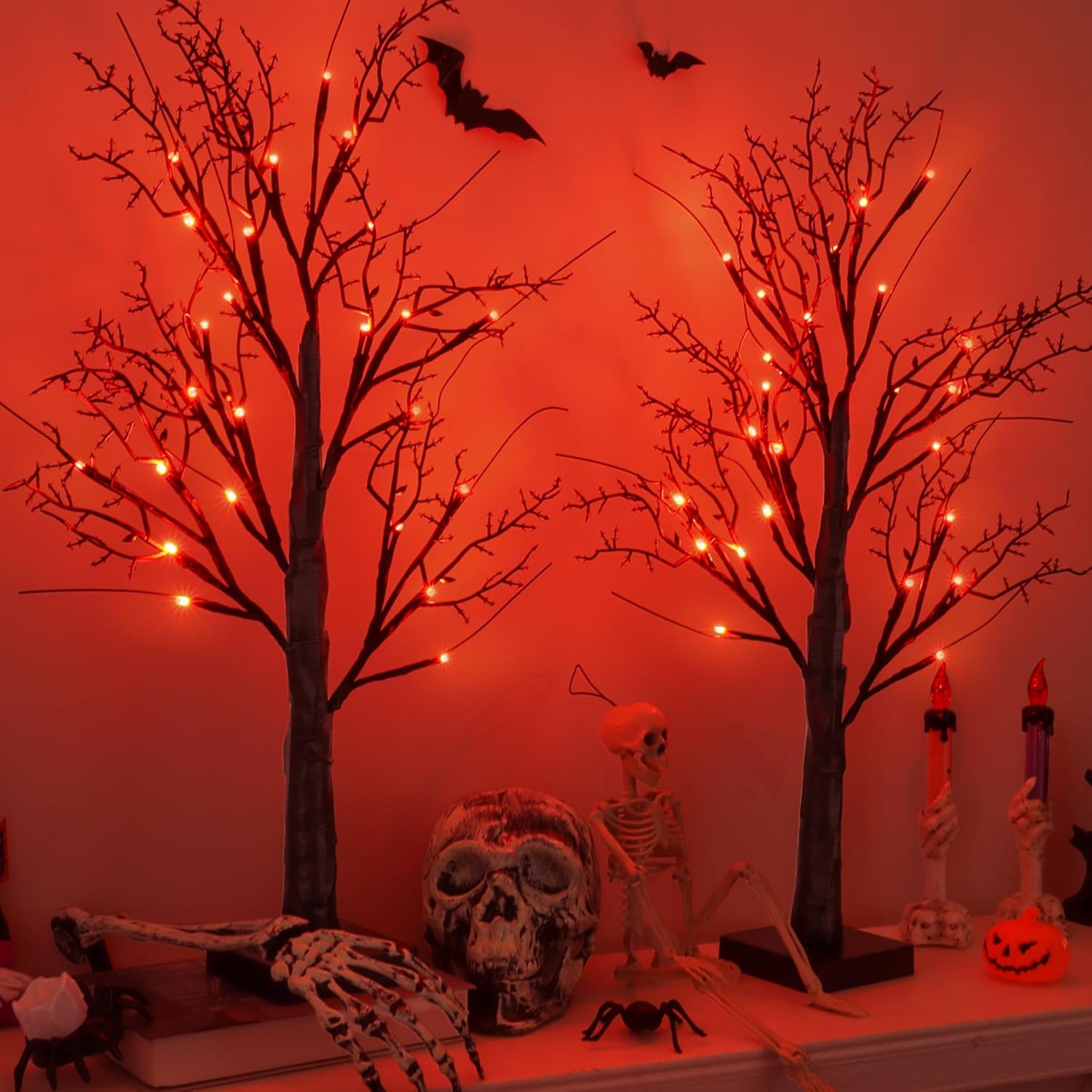 Halloween Indoor Decorations 2 Pack 24 Inch Black Halloween Tree with 24 Orange Led Lights, Timer/USB/Battery Operated Lighted Spooky Tabletop Tree for Halloween Decor Home Table Holiday Party Style 2