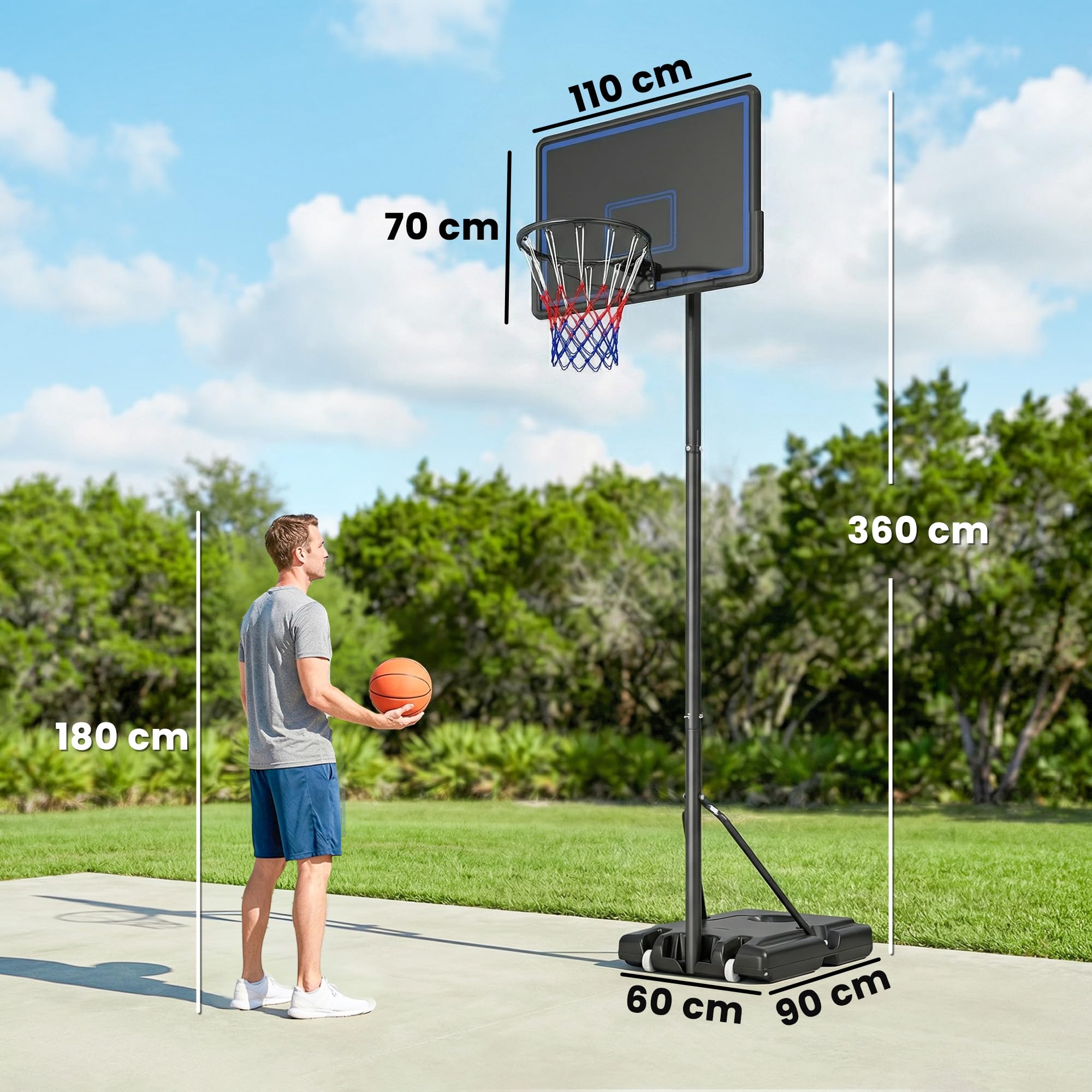 SPORTNOW Panier de Basketball sur Pieds avec Hauteur Réglable de 1,35 à 3,05 m, Panier de Basket Extérieur Portable avec Roues, Panneau Arrière en PE, Base de Lestage et Sac de Sable, Bleu