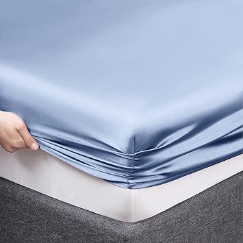 Vonty Satin Cal King Baby Blue Sheets, Fitted + Flat + 2 Pillowcases