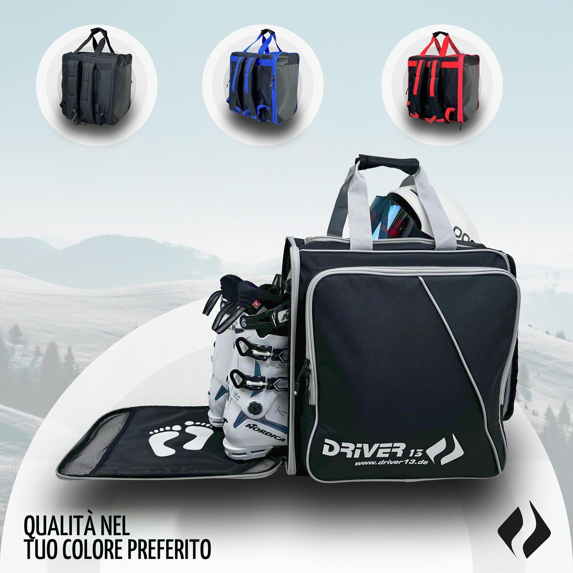 Driver13 zaino porta scarponi da sci con scomparto casco, bootbag per scarponi da sci e boots snowboard, dimensioni 40 x 28 x 44 cm, nero/grigio