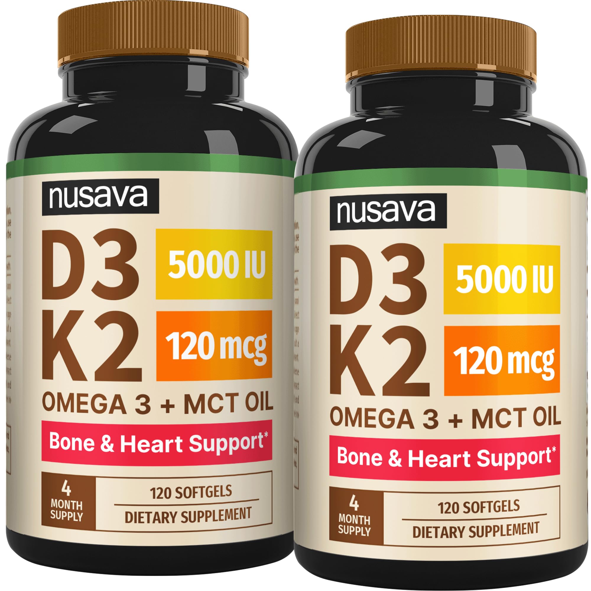 NUSAVA Vitamin D3 K2, 5000 IU, Softgels, Omega 3 & Chia Oil, Pack of 2 120 Count (Pack of 2)