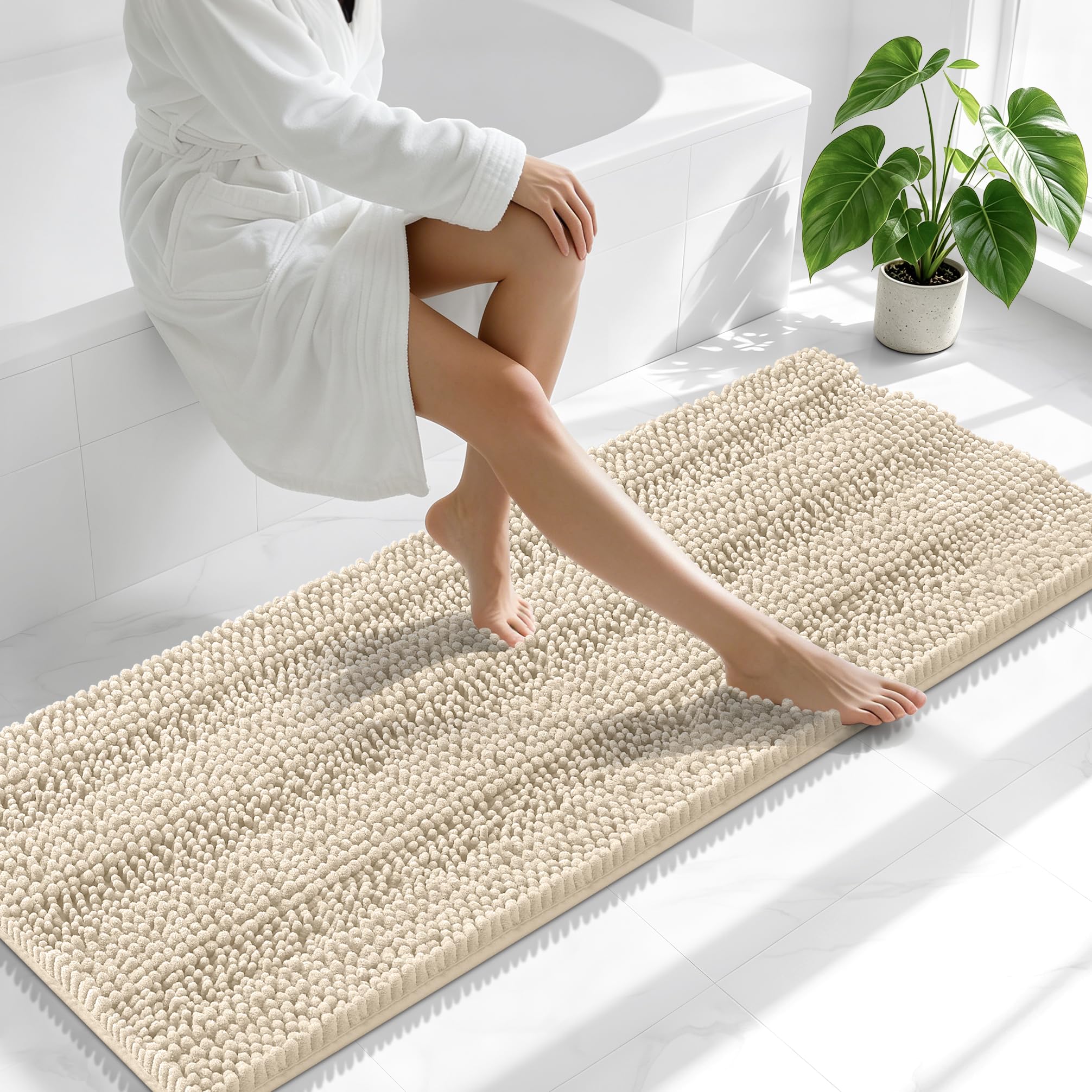 Smiry Thick Chenille Bathroom Runner Rugs 59x20, Absorbent Bath Mat, Sand