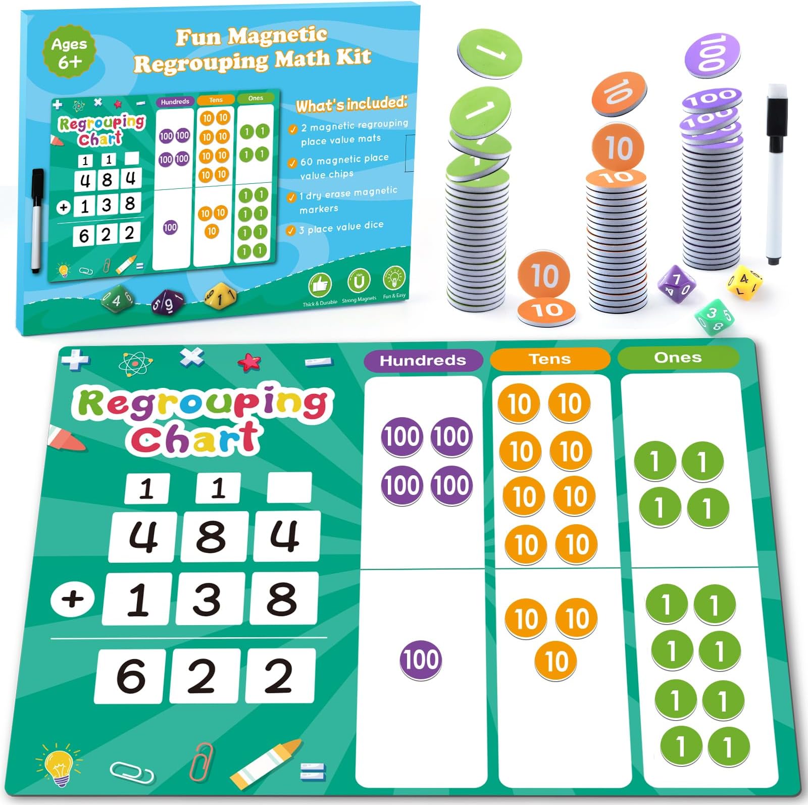 Distasio Regrouping Math Base Ten Place Value - Addition and Subtraction Math Manipulatives Education Supplies, Magnetic Dry Erase Board Math Games Classroom Must Haves for Kids 1st 2nd 3rd Grade