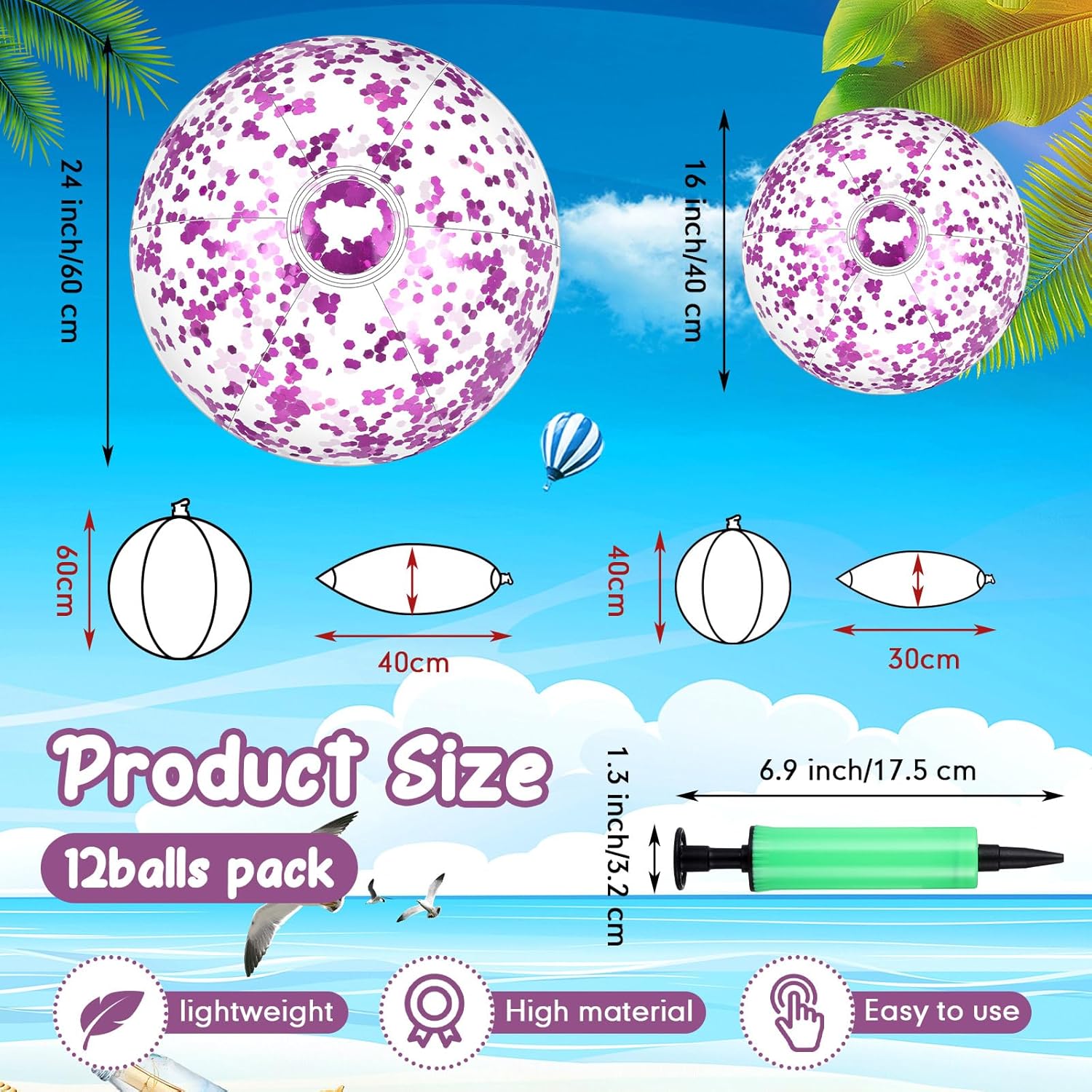 Lewtemi 12 Pcs Inflatable Glitter Beach Balls 16 Inch 24 Inch Shiny Giant Confetti Balls Swimming Pool Beach Blow up Balloon for Outdoor Summer Party Wedding Decor(Purple)