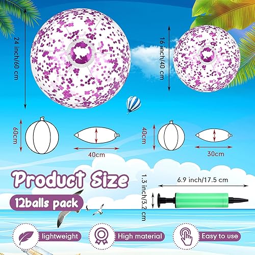 Miniatura 9 de 12 bolas de playa inflables de 24 pulgadas y 16 pulgadas, bolas de playa con purpurina de confeti transparente, bolas de playa gigantes de juguetes