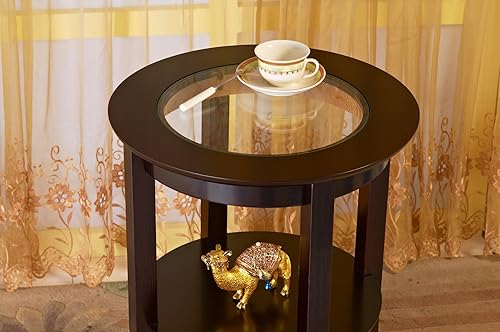 Miniatura 4 de Frenchi Furniture Mesa lateral redonda de madera, vidrio empotrado, dos estantes