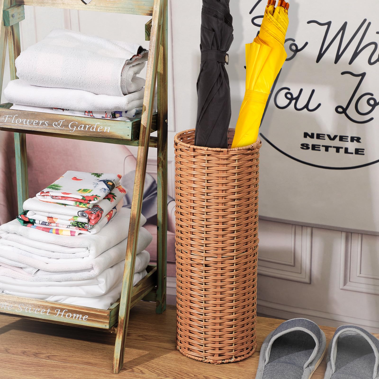 Wicker Umbrella Stand 17.3" Tall - Narrow Rattan Storage Basket With Plastic Base 1 thumbnail image