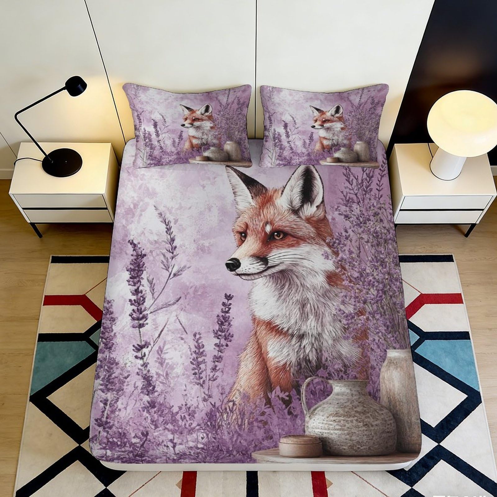 Uxinyoume Style-4 3D Printed Fox Forest Fitted Sheet Microfiber Soft Purple Animal Woodland Bed Cover For Bedroom Dorm Decor 90X200x25cm